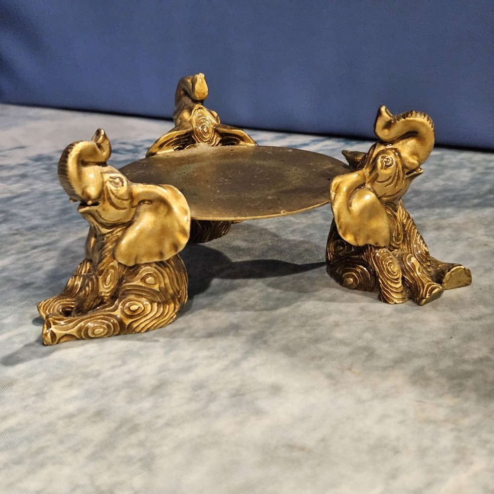 Vintage Brass Elephant Pillar‎ Candle Holder Pedestal 3 Elephant Figurine Decor